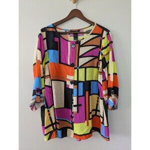 Ali Miles Button Up Tunic Top Art To Wear Gauzy Colorblock Artsy Stained Glass M